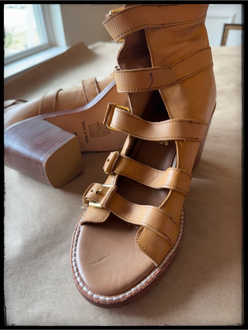 Free People Leather Gladiator Sandals Buckle Strappy Block Heel Tan Boho 39 - Picture 4 of 5